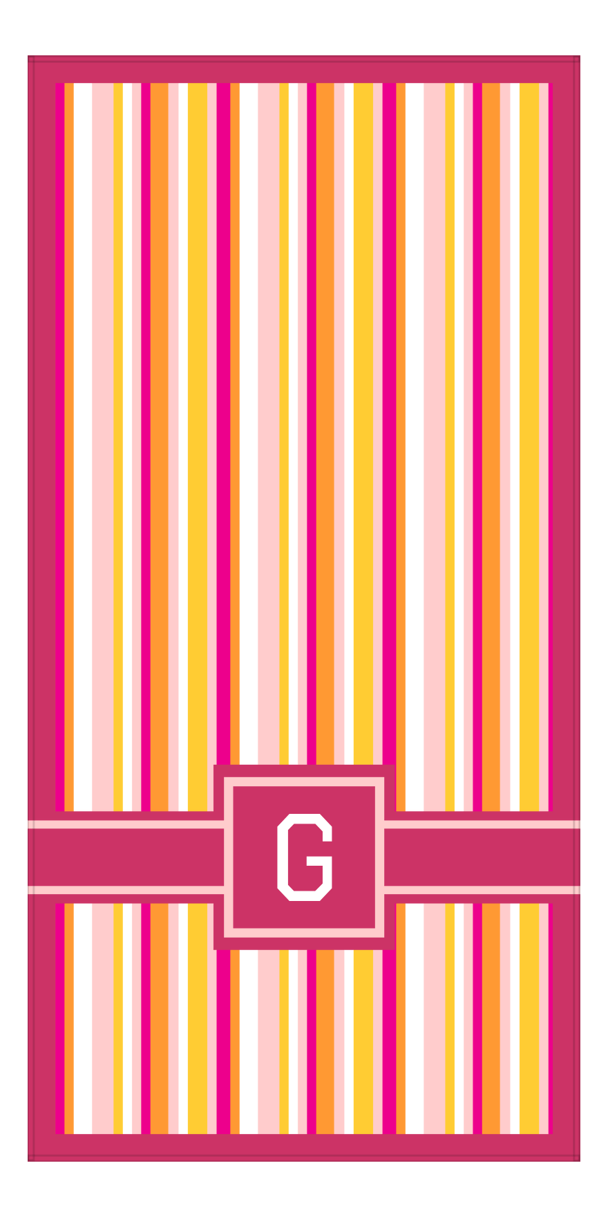 Personalized 5 Color Stripes 3 Repeat Beach Towel - Vertical - Pink and Orange - Square with Ribbon Off Center Frame - Front View