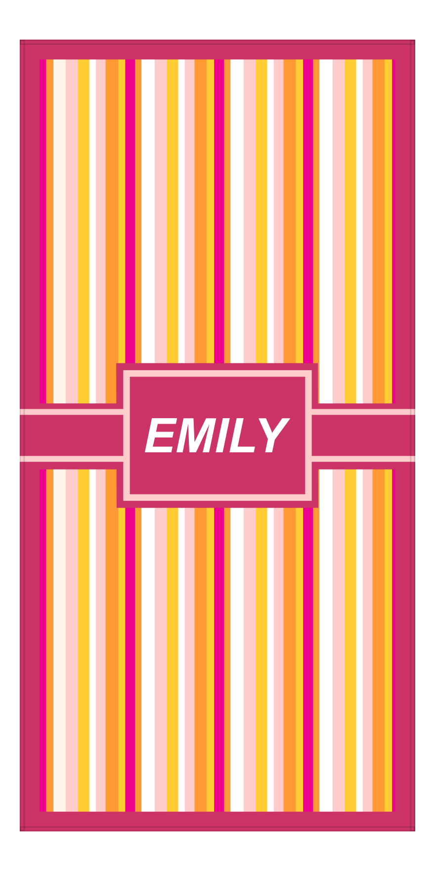 Personalized 5 Color Stripes 4 Repeat Beach Towel - Vertical - Pink and Orange - Rectangle with Ribbon Frame - Front View