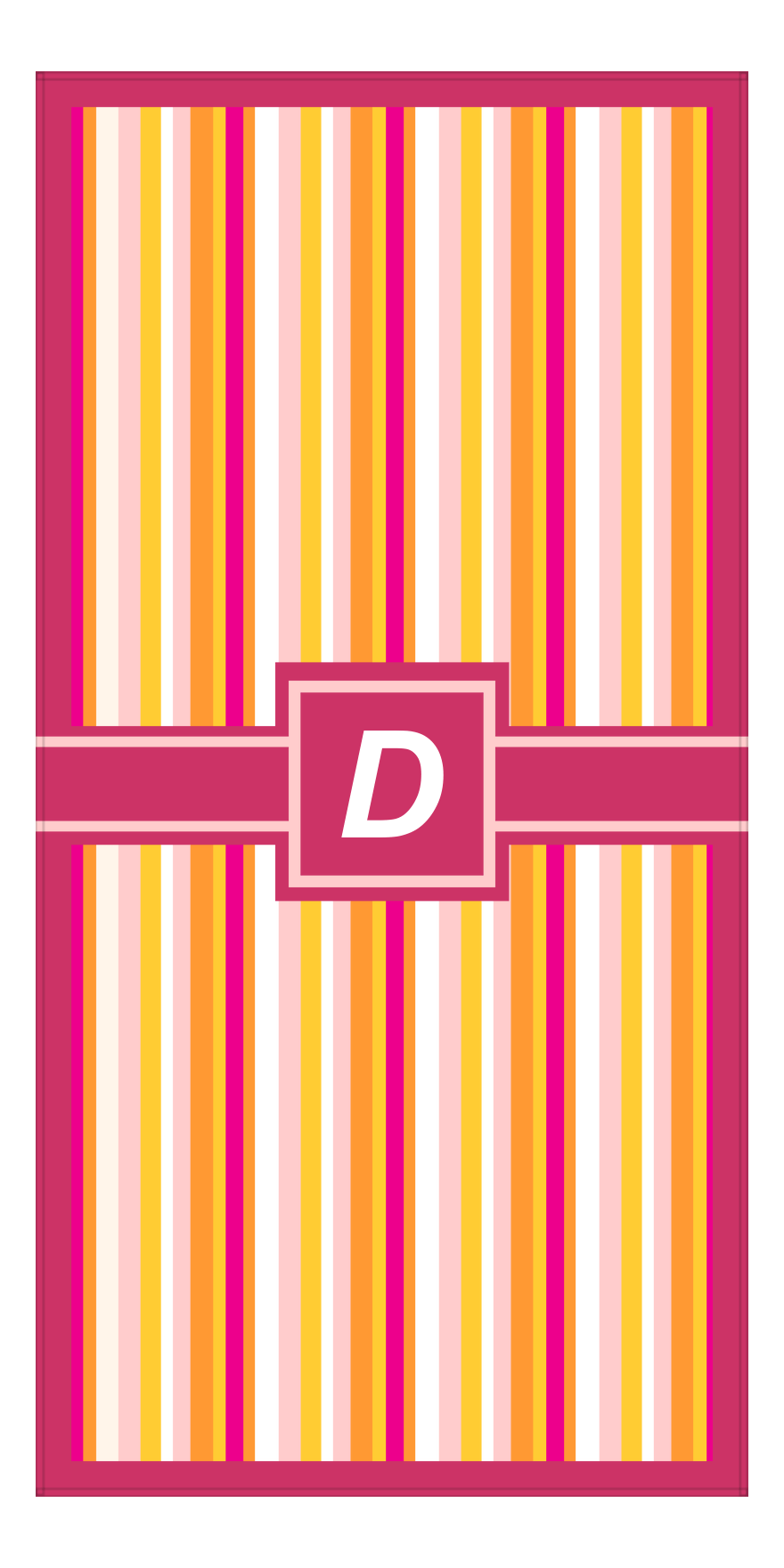 Personalized 5 Color Stripes 4 Repeat Beach Towel - Vertical - Pink and Orange - Square with Ribbon Frame - Front View