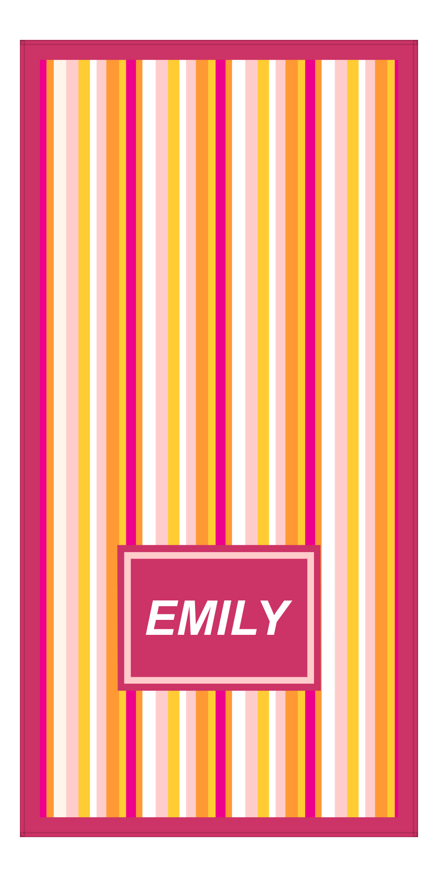 Personalized 5 Color Stripes 4 Repeat Beach Towel - Vertical - Pink and Orange - Rectangle Off Center Frame - Front View