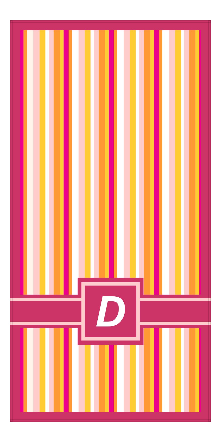 Personalized 5 Color Stripes 4 Repeat Beach Towel - Vertical - Pink and Orange - Square with Ribbon Off Center Frame - Front View