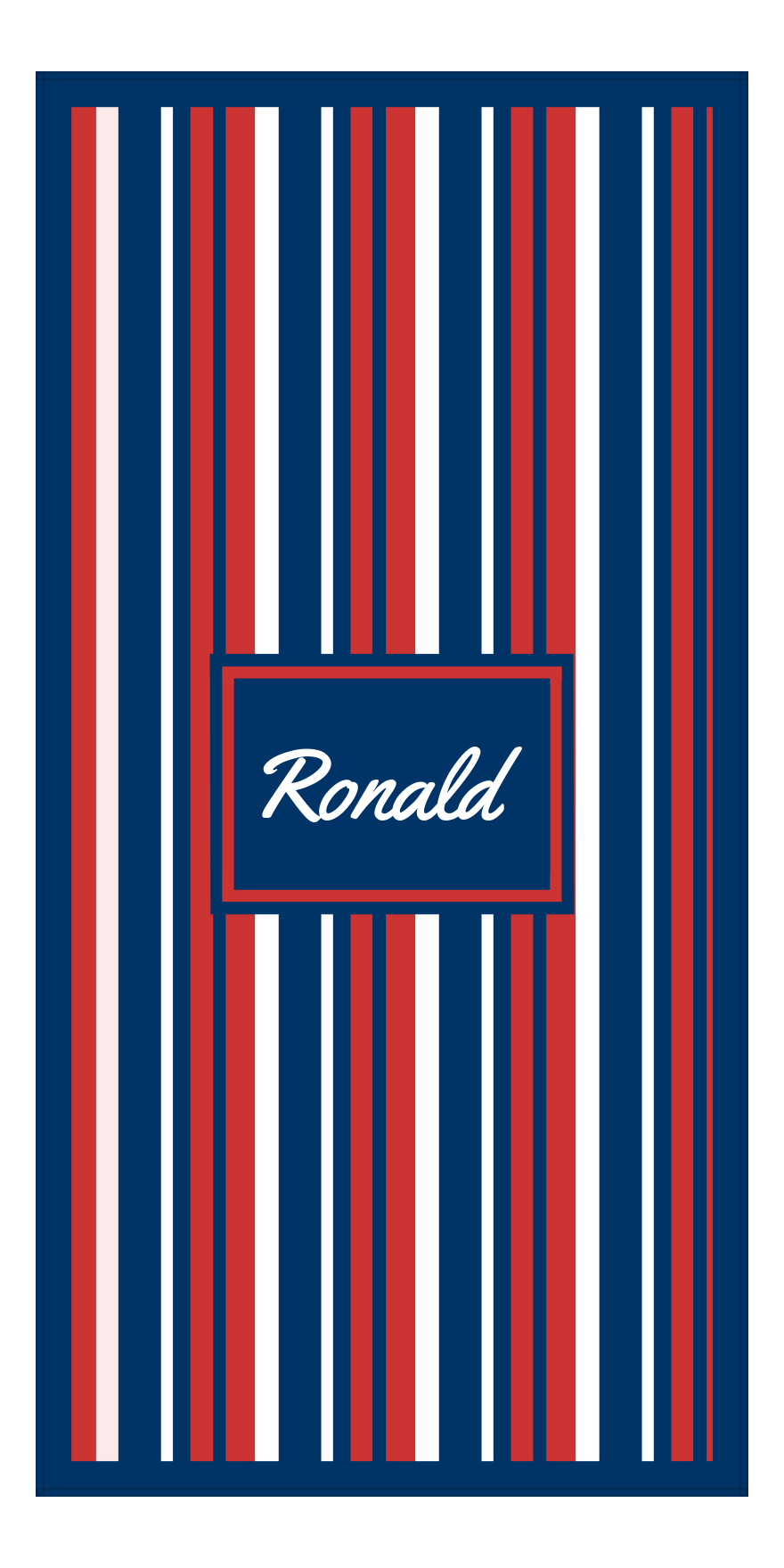 Personalized 5 Color Stripes 4 Repeat Beach Towel - Vertical - Red White and Blue - Rectangle Frame - Front View