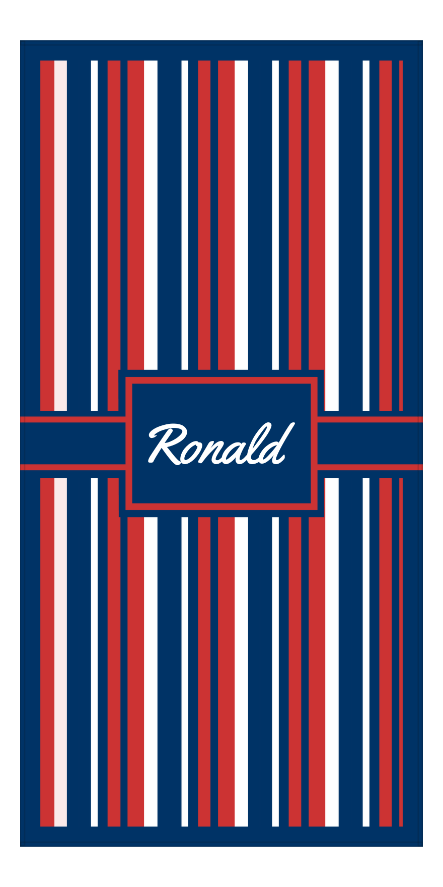 Personalized 5 Color Stripes 4 Repeat Beach Towel - Vertical - Red White and Blue - Rectangle with Ribbon Frame - Front View