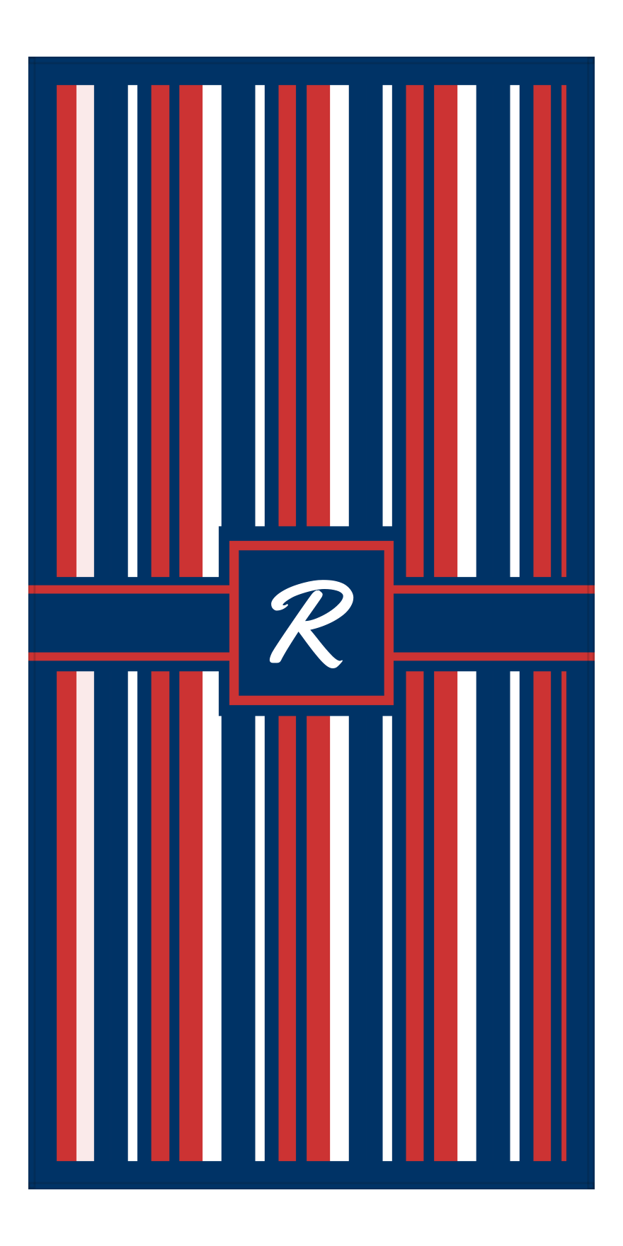 Personalized 5 Color Stripes 4 Repeat Beach Towel - Vertical - Red White and Blue - Square with Ribbon Frame - Front View