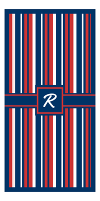 Thumbnail for Personalized 5 Color Stripes 4 Repeat Beach Towel - Vertical - Red White and Blue - Square with Ribbon Frame - Front View