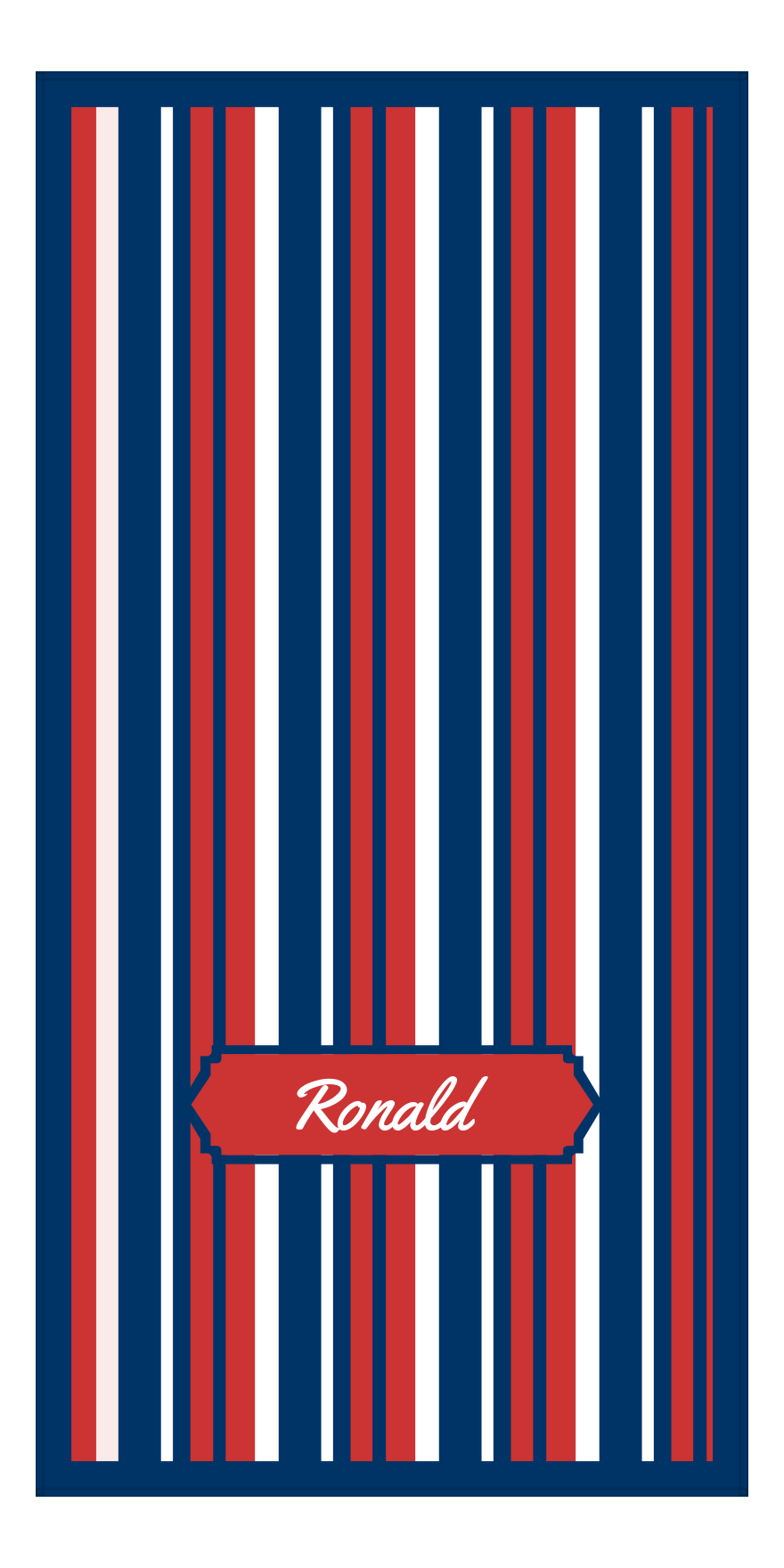 Personalized 5 Color Stripes 4 Repeat Beach Towel - Vertical - Red White and Blue - Oblong Off Center Frame - Front View