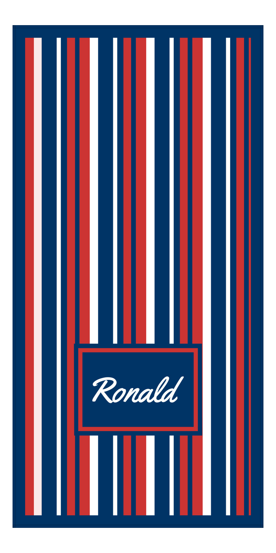 Personalized 5 Color Stripes 4 Repeat Beach Towel - Vertical - Red White and Blue - Rectangle Off Center Frame - Front View