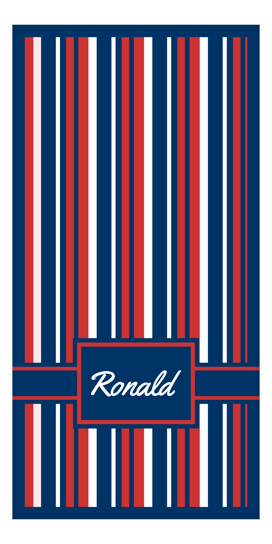 Personalized 5 Color Stripes 4 Repeat Beach Towel - Vertical - Red White and Blue - Rectangle with Ribbon Off Center Frame - Front View