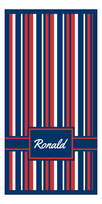 Thumbnail for Personalized 5 Color Stripes 4 Repeat Beach Towel - Vertical - Red White and Blue - Rectangle with Ribbon Off Center Frame - Front View