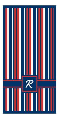 Thumbnail for Personalized 5 Color Stripes 4 Repeat Beach Towel - Vertical - Red White and Blue - Square with Ribbon Off Center Frame - Front View
