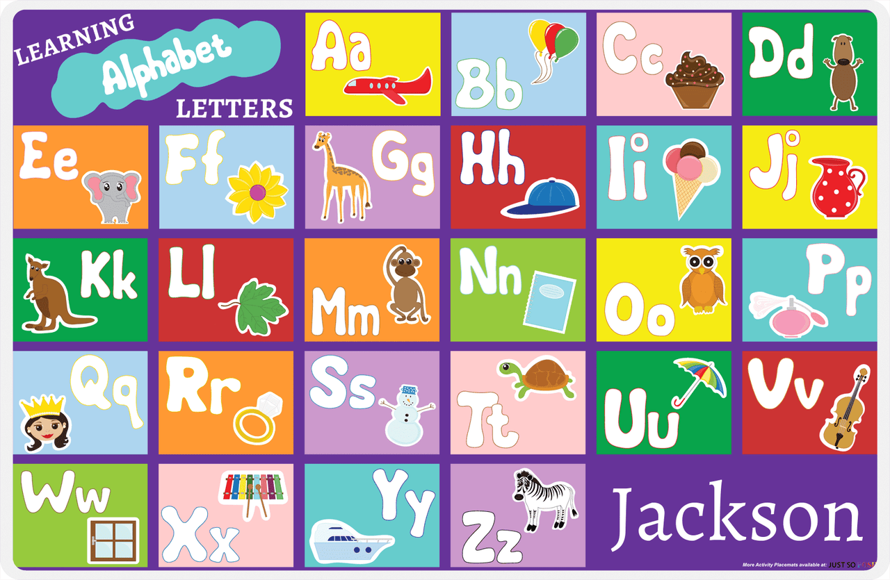 Personalized Activity Placemat - Learning Alphabet I - Purple Background -  View