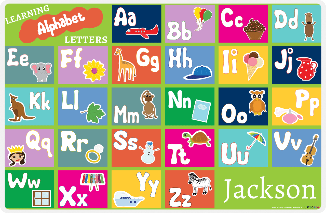 Personalized Activity Placemat - Learning Alphabet I - Green Background -  View