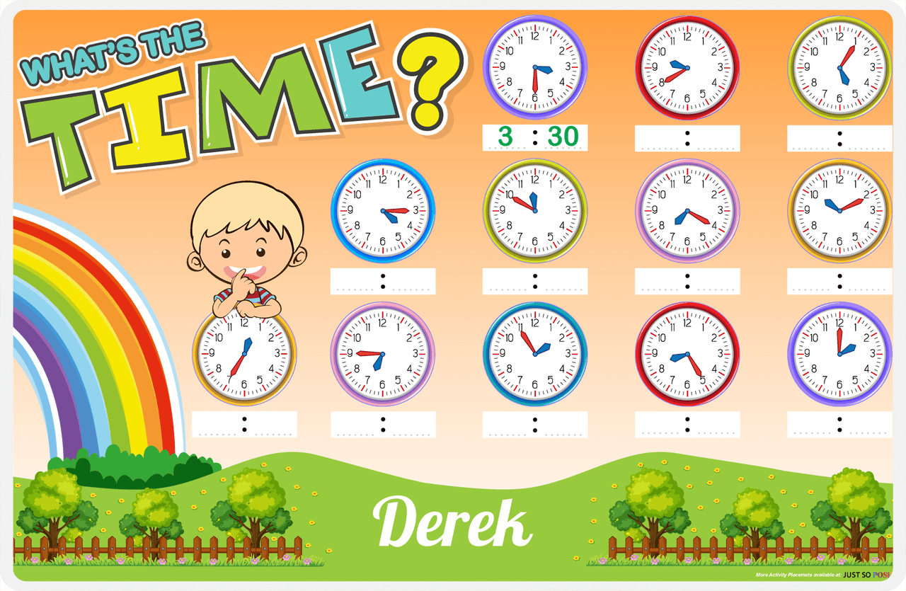 Personalized Activity Placemat - Telling Time II - Blond Boy -  View