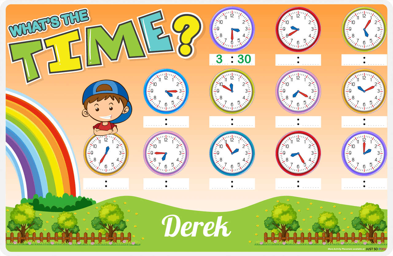 Personalized Activity Placemat - Telling Time II - Brown Hair Boy I -  View