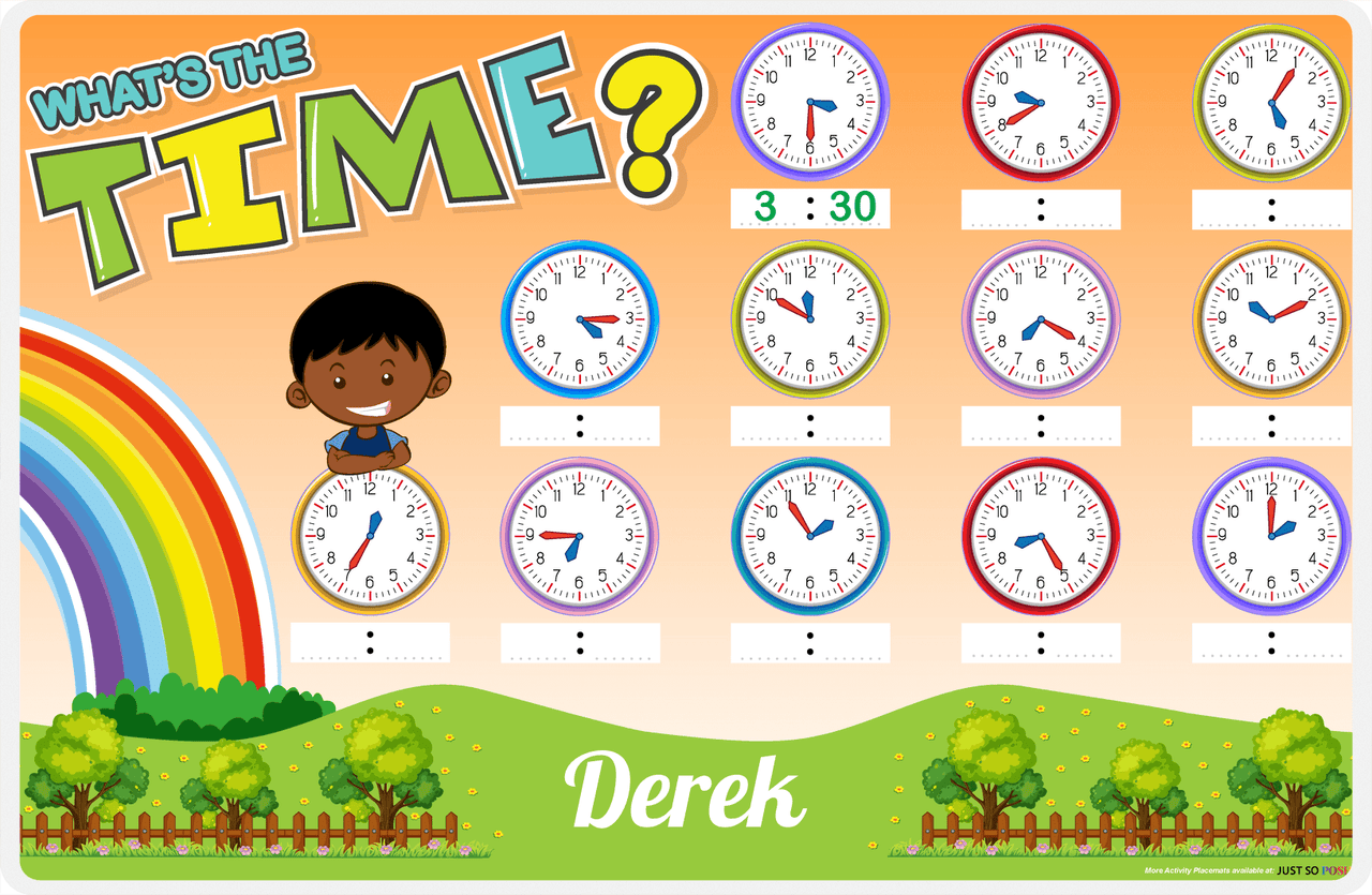 Personalized Activity Placemat - Telling Time II - Black Boy -  View