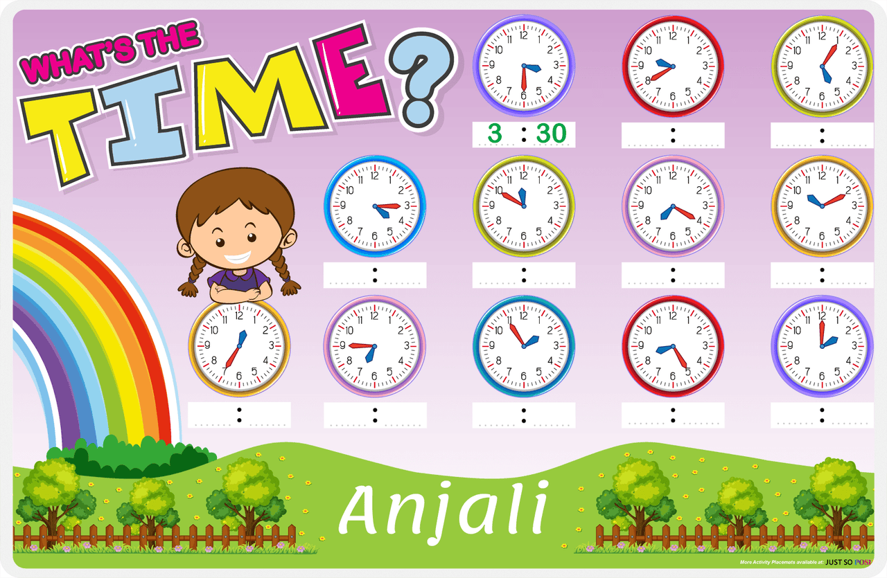 Personalized Activity Placemat - Telling Time III - Brunette Girl -  View