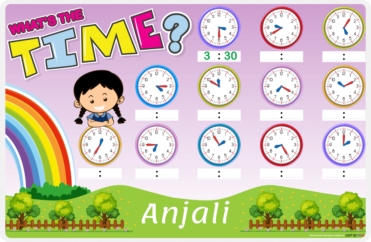 Personalized Activity Placemat - Telling Time III - Black Hair Girl -  View