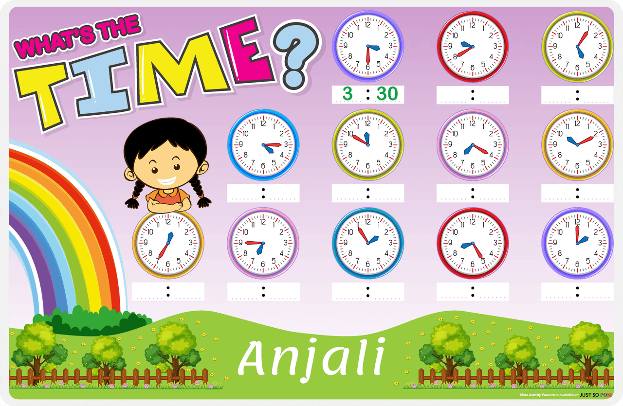 Personalized Activity Placemat - Telling Time III - Asian Girl -  View