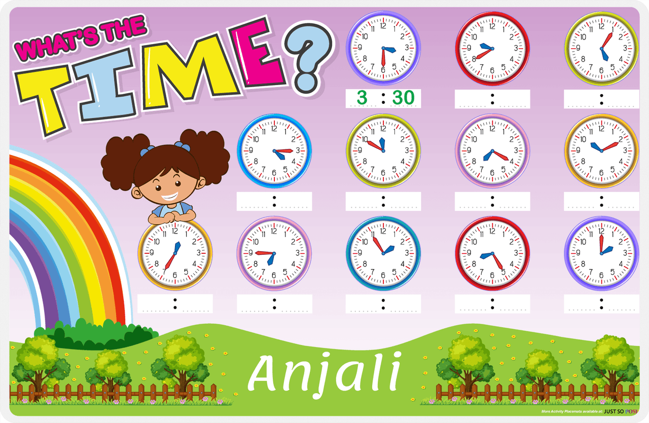 Personalized Activity Placemat - Telling Time III - Black Girl I -  View