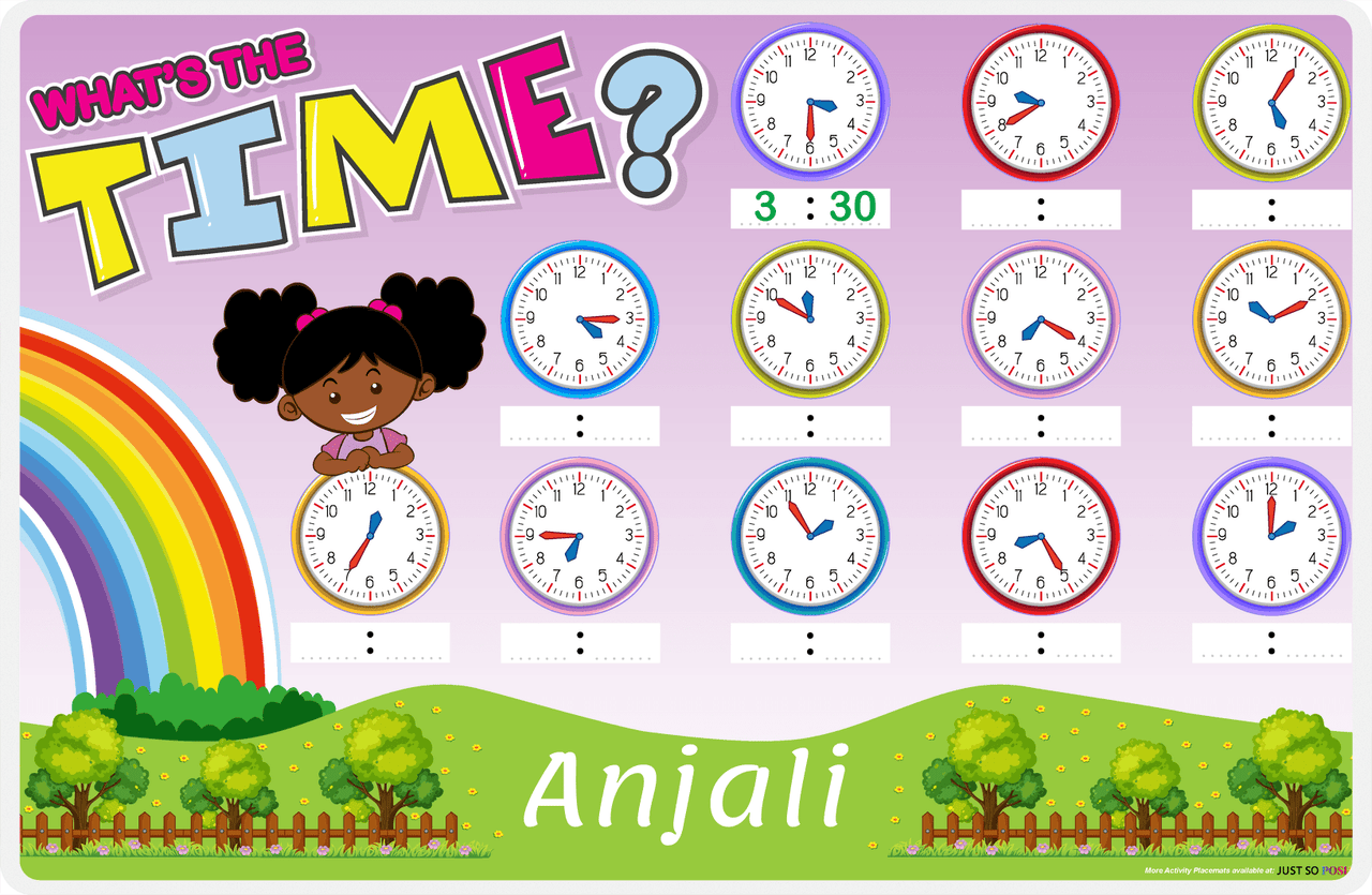 Personalized Activity Placemat - Telling Time III - Black Girl II -  View