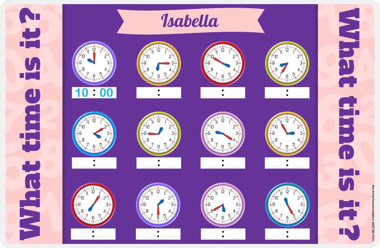 Personalized Activity Placemat - Telling Time IV - Read the Clock -  View