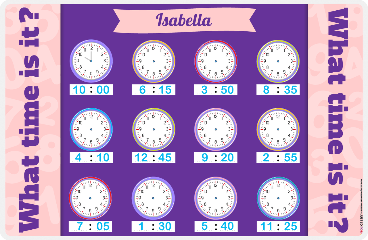 Personalized Activity Placemat - Telling Time IV - Add Clock Hands -  View