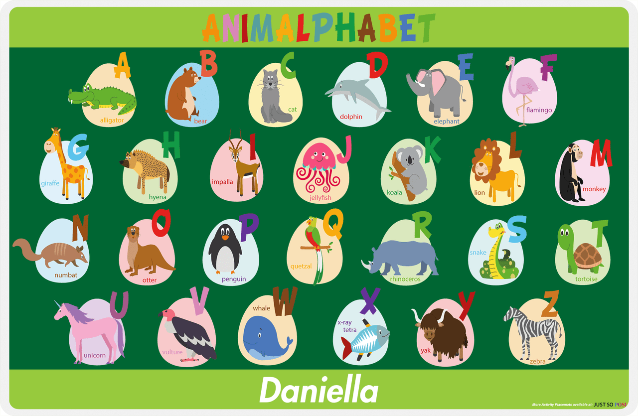 Personalized Activity Placemat - Learning Alphabet III - Green Background -  View
