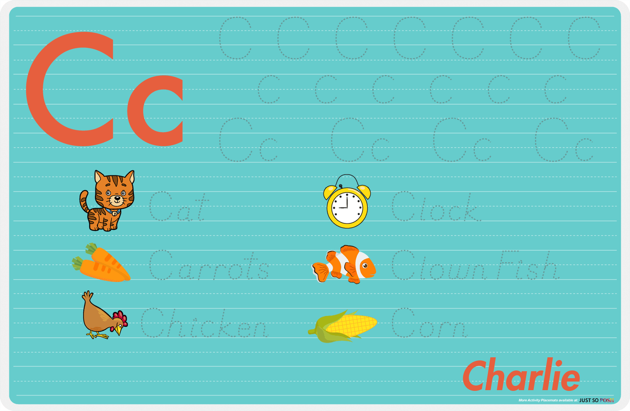 Personalized Activity Placemat - Tracing Letter C - Teal Background -  View