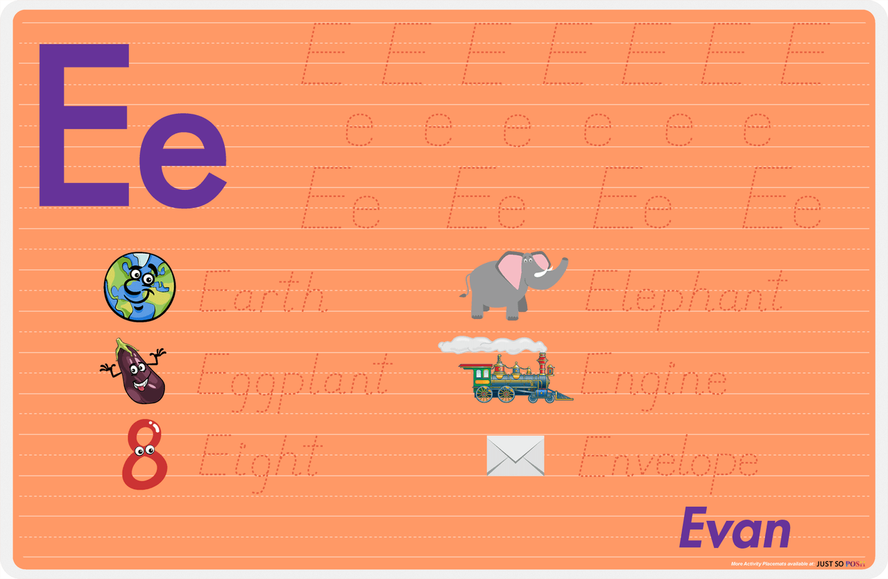 Personalized Activity Placemat - Tracing Letter E - Orange Background -  View