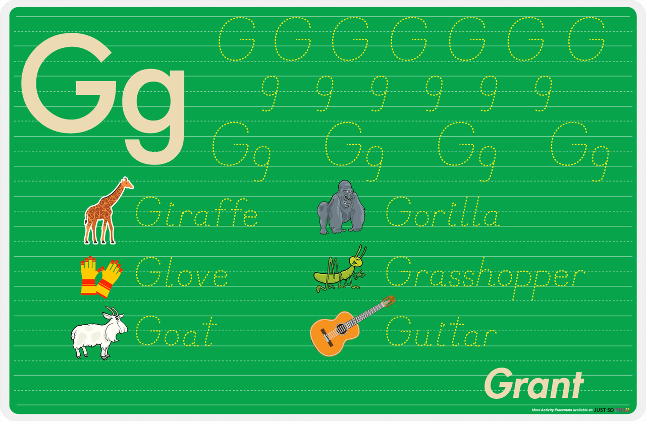 Personalized Activity Placemat - Tracing Letter G - Green Background -  View