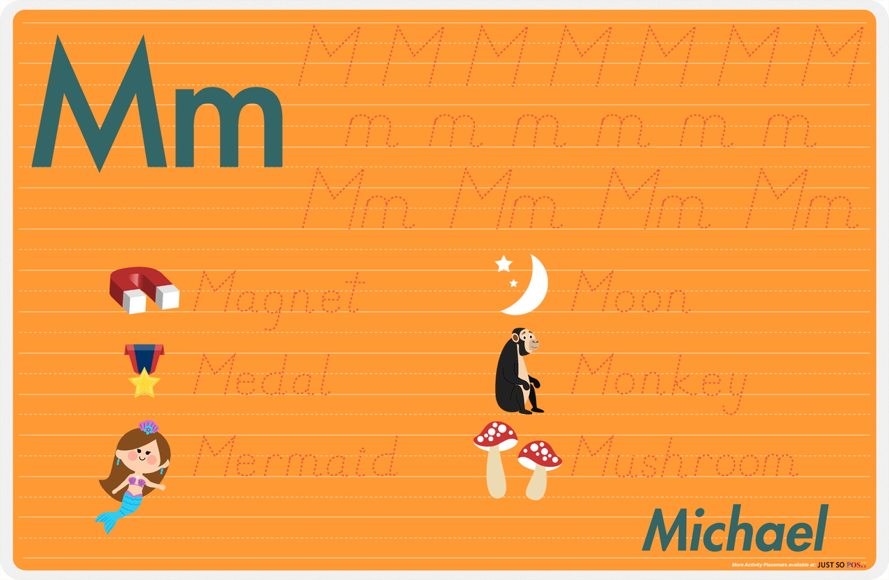 Personalized Activity Placemat - Tracing Letter M - Orange Background -  View
