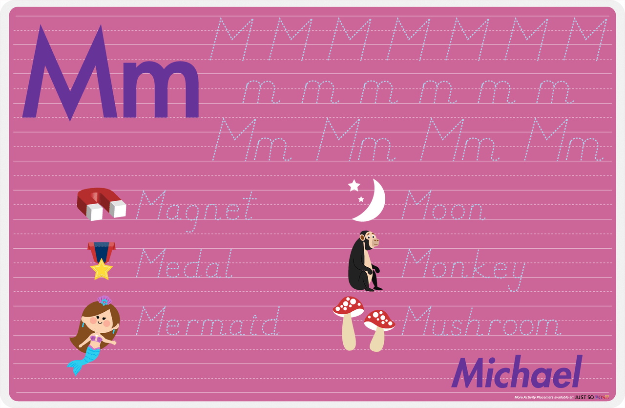 Personalized Activity Placemat - Tracing Letter M - Pink Background -  View