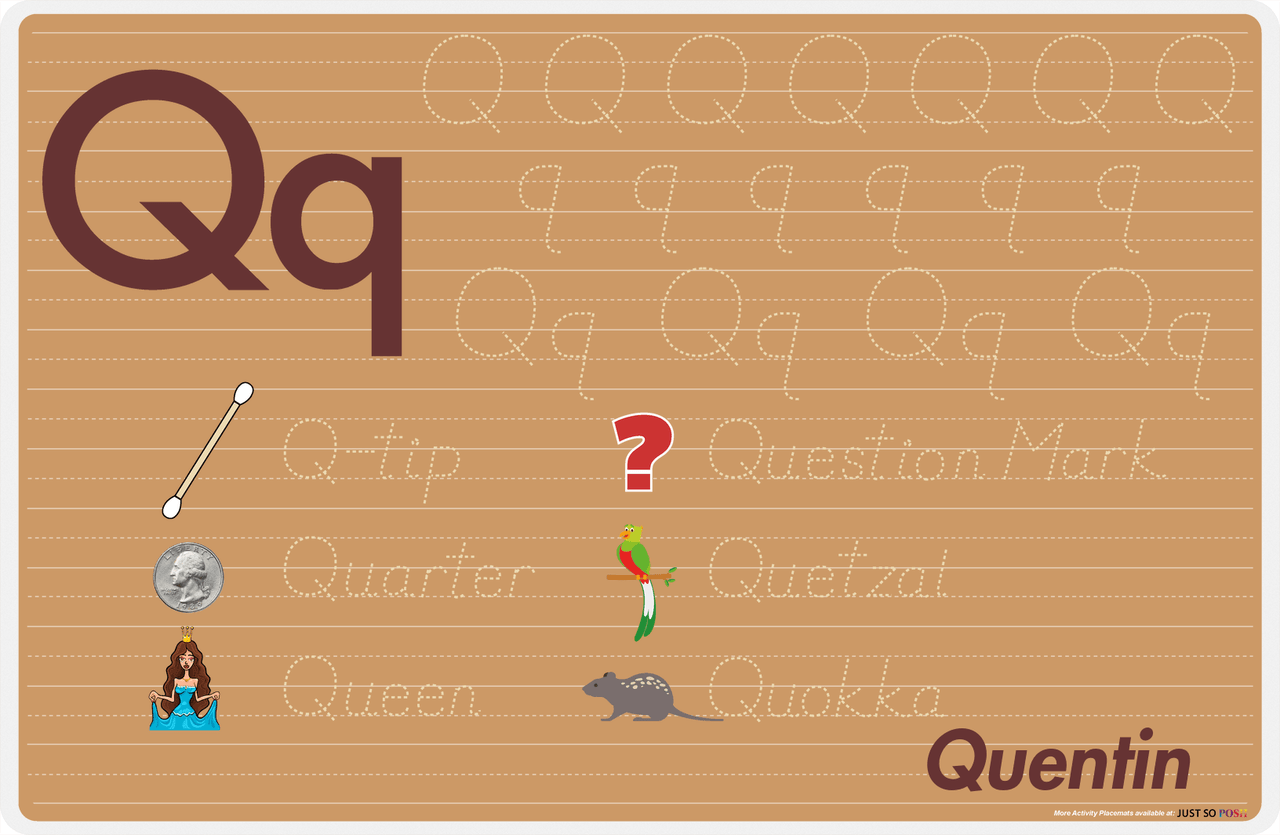 Personalized Activity Placemat - Tracing Letter Q - Light Brown Background -  View