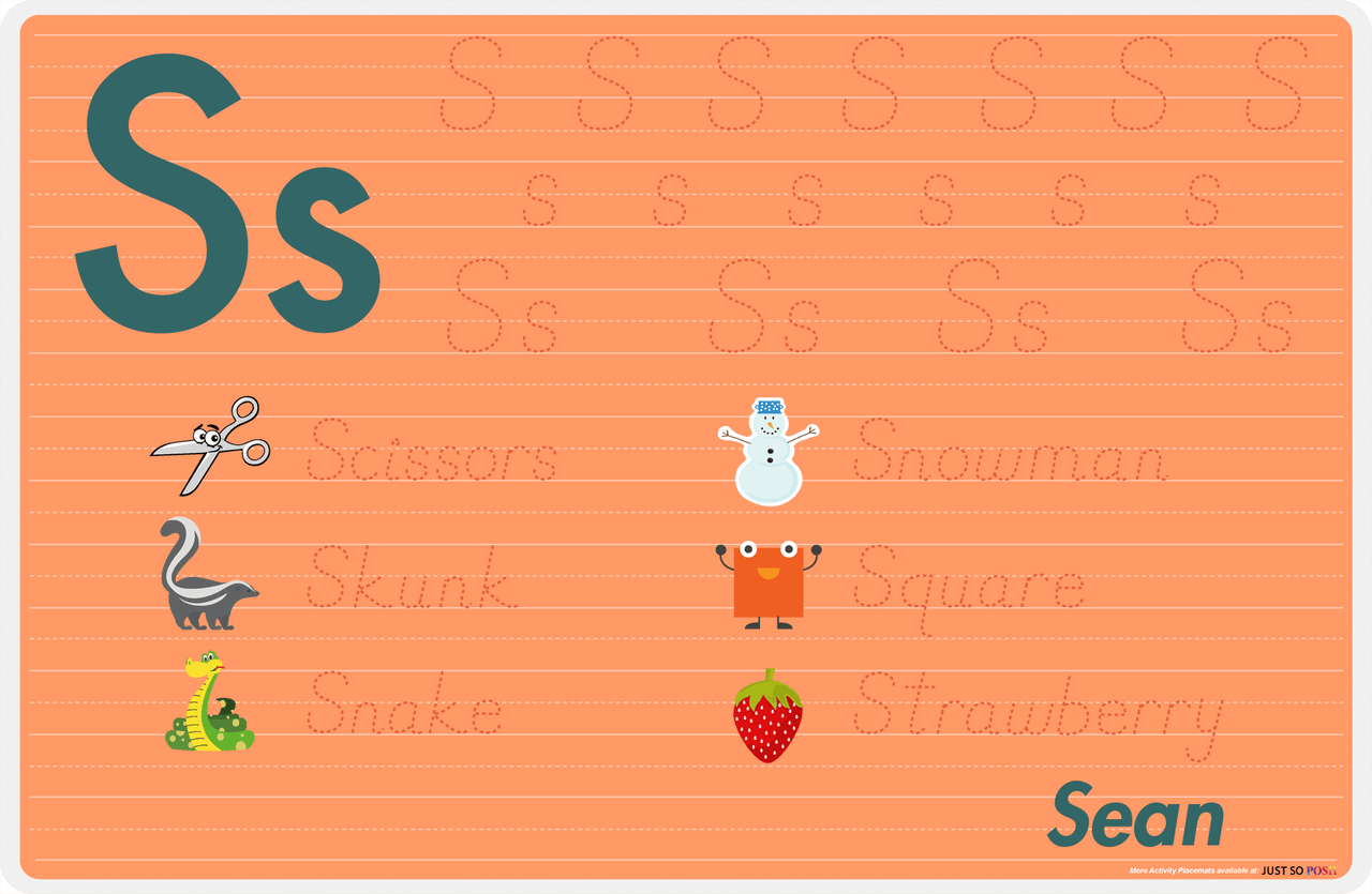 Personalized Activity Placemat - Tracing Letter S - Orange Background -  View