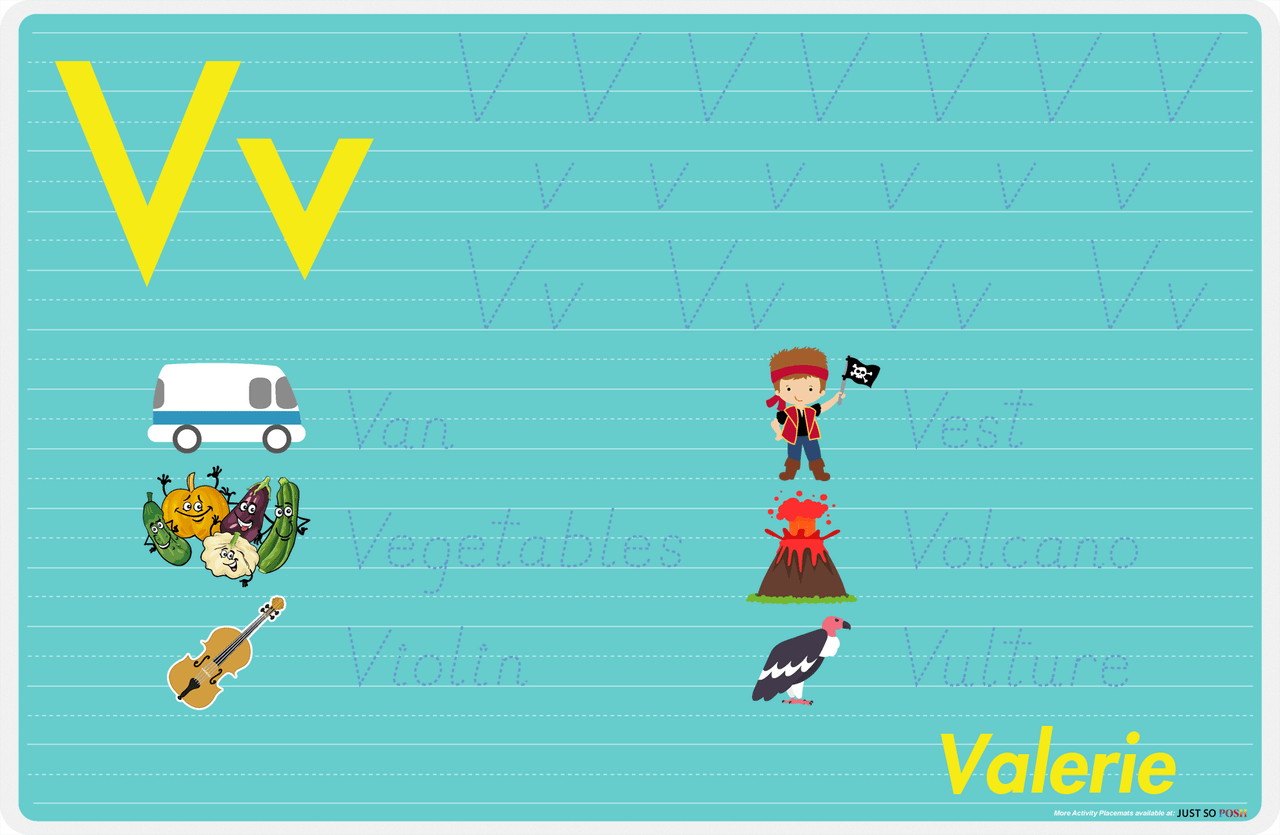 Personalized Activity Placemat - Tracing Letter V - Teal Background -  View