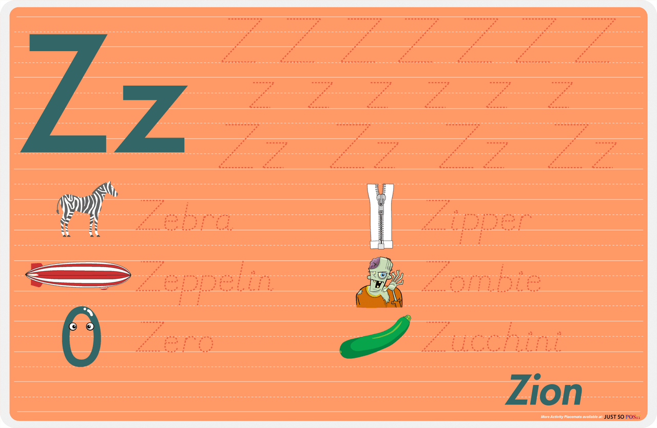 Personalized Activity Placemat - Tracing Letter Z - Orange Background -  View
