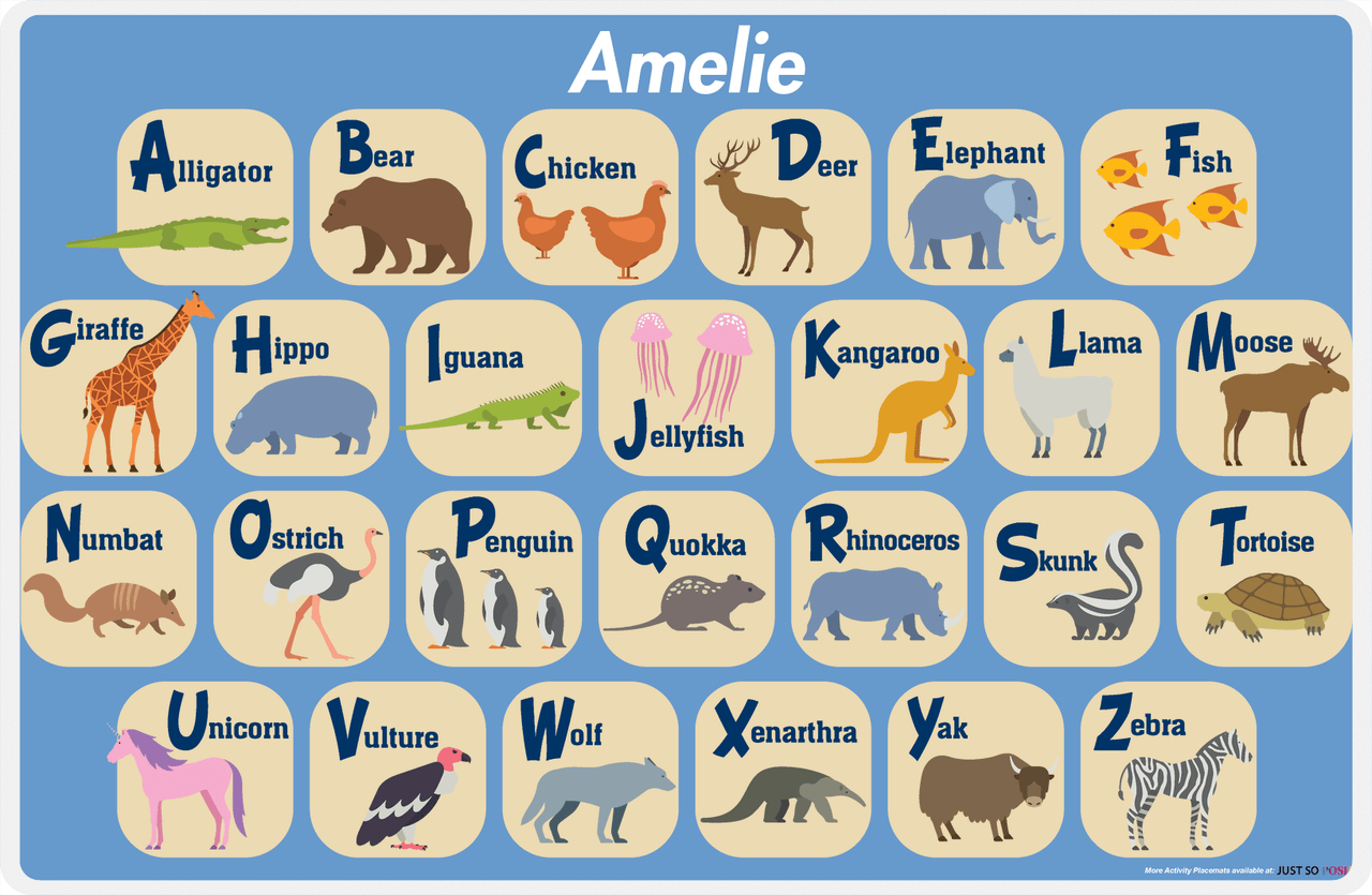 Personalized Activity Placemat - Learning Animals I - Blue Background -  View