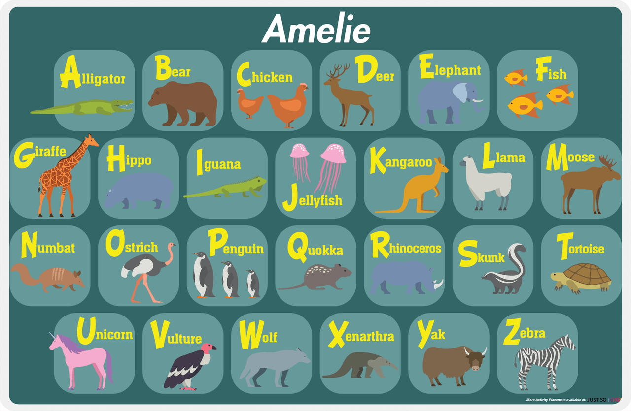 Personalized Activity Placemat - Learning Animals I - Teal Background -  View