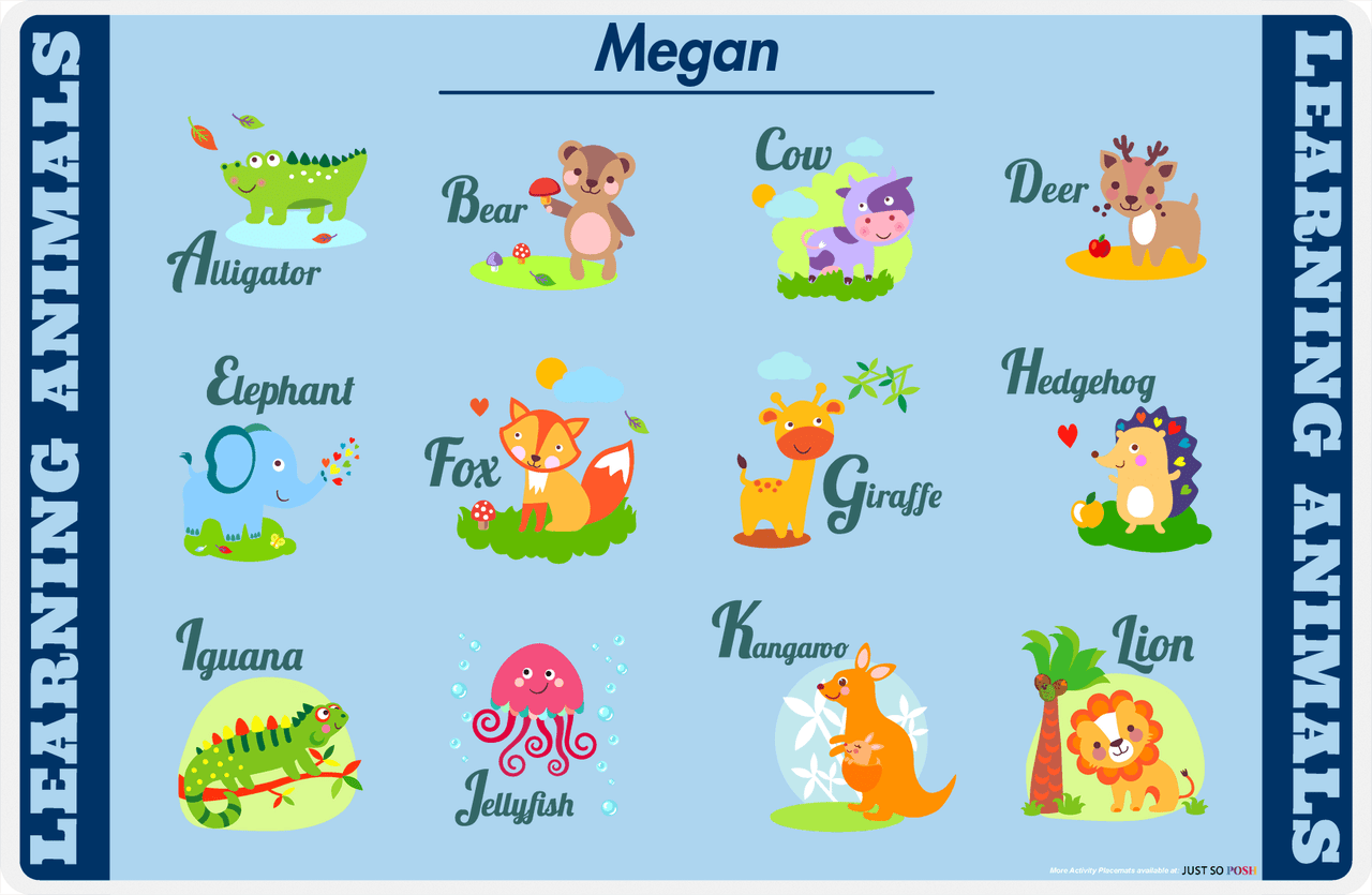 Personalized Activity Placemat - Learning Animals II - Blue Background -  View