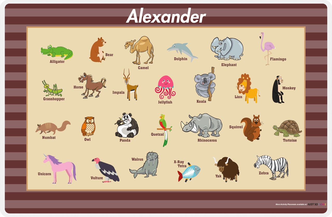 Personalized Activity Placemat - Learning Animals III - Brown Background -  View