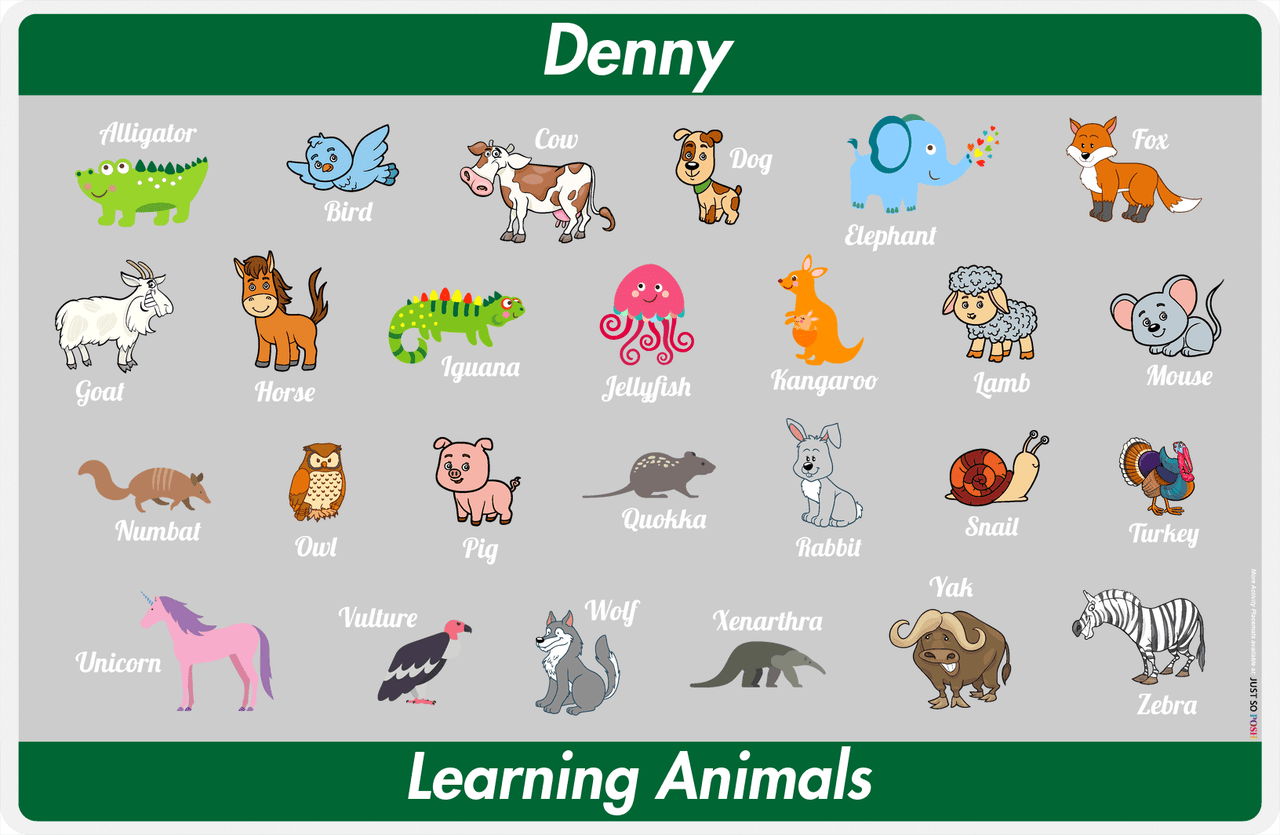 Personalized Activity Placemat - Learning Animals IV - Grey Background -  View