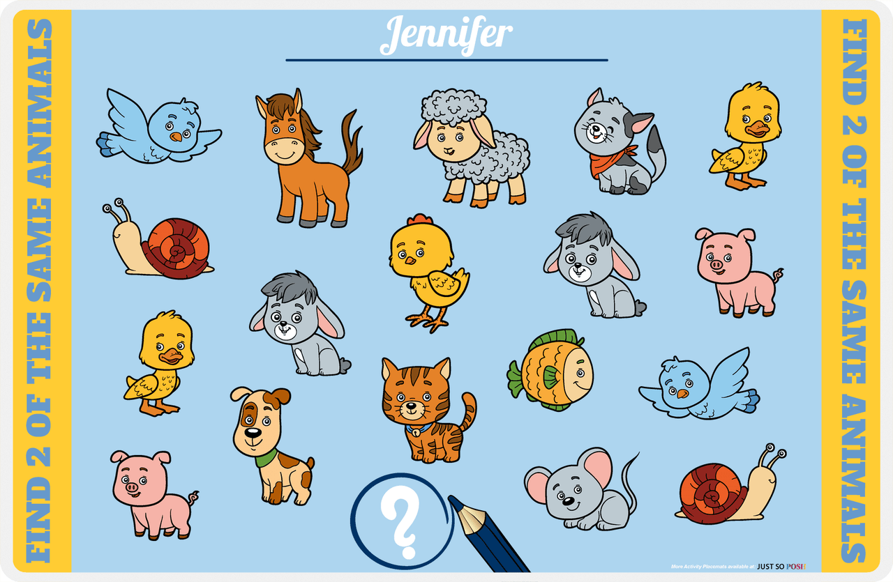 Personalized Activity Placemat - Matching Animals II - Blue Background -  View