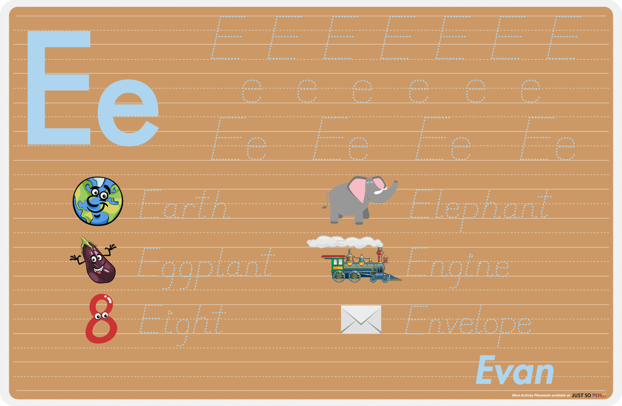 Personalized Activity Placemat - Tracing Letter E - Light Brown Background -  View