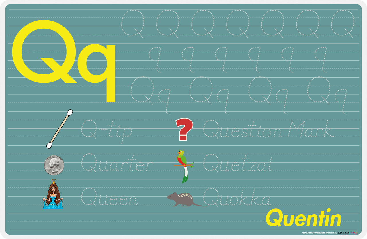 Personalized Activity Placemat - Tracing Letter Q - Teal Background -  View