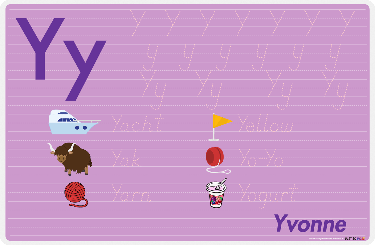 Personalized Activity Placemat - Tracing Letter Y - Purple Background -  View
