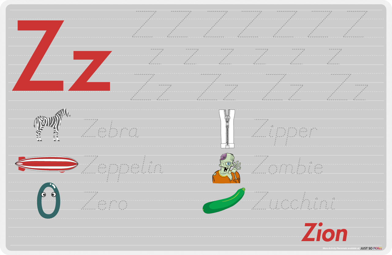 Personalized Activity Placemat - Tracing Letter Z - Grey Background -  View