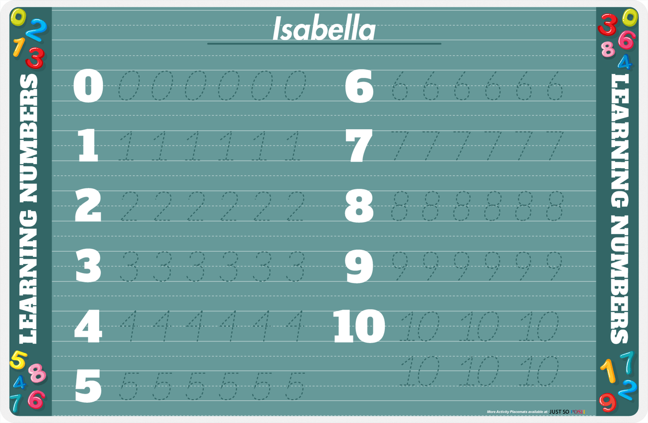 Personalized Activity Placemat - Learning Numbers III - Teal Background -  View