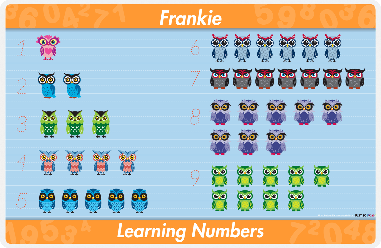 Personalized Activity Placemat - Learning Numbers IV - Counting Owls - Blue Background -  View