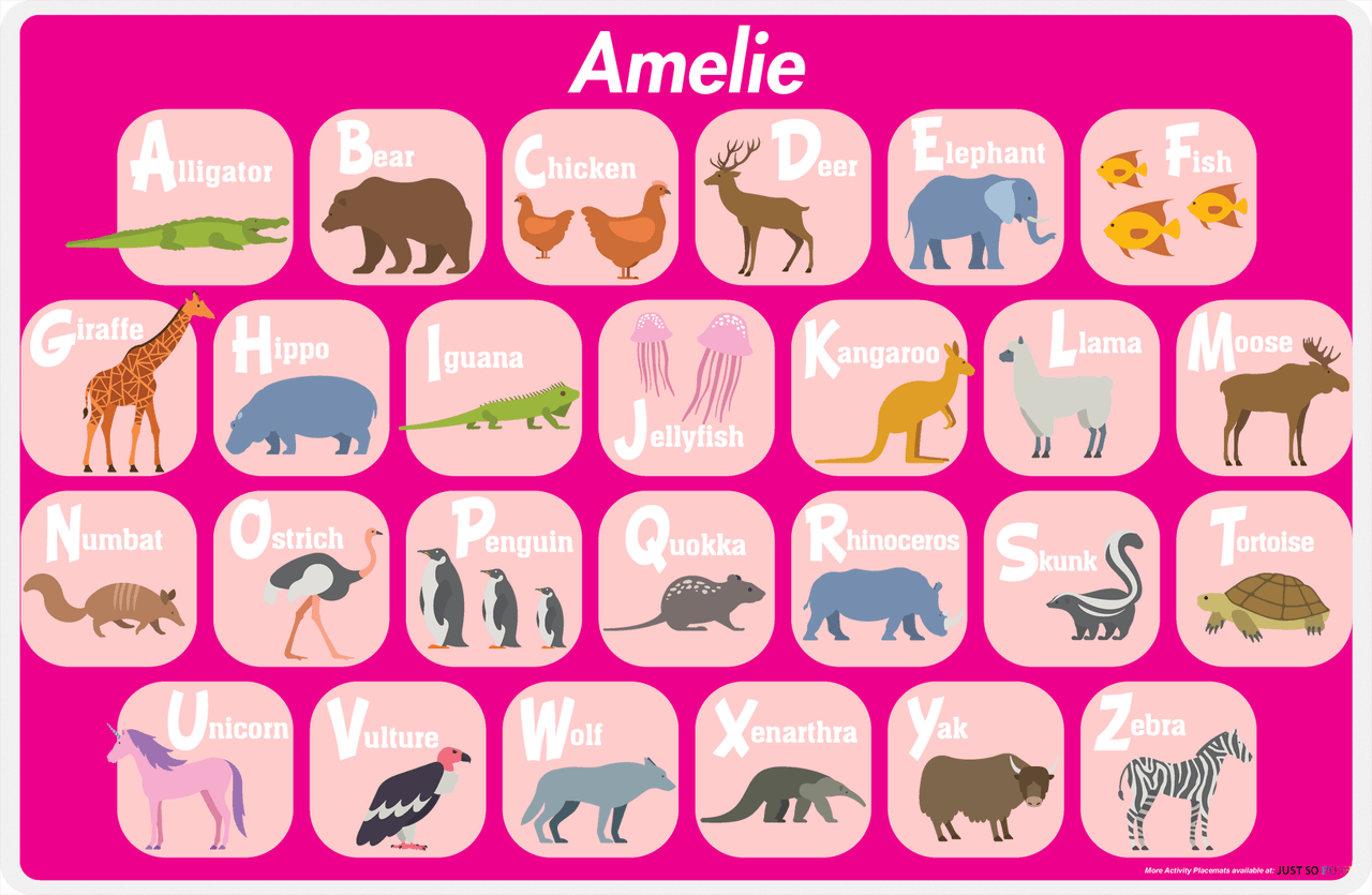 Personalized Activity Placemat - Learning Animals I - Pink Background -  View