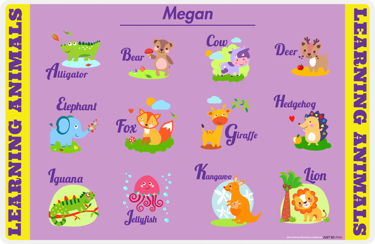 Personalized Activity Placemat - Learning Animals II - Purple Background -  View